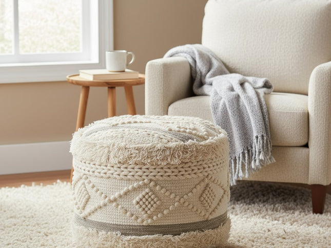 18" Cream Wool Cotton Blend Round Geometric Pouf Ottoman