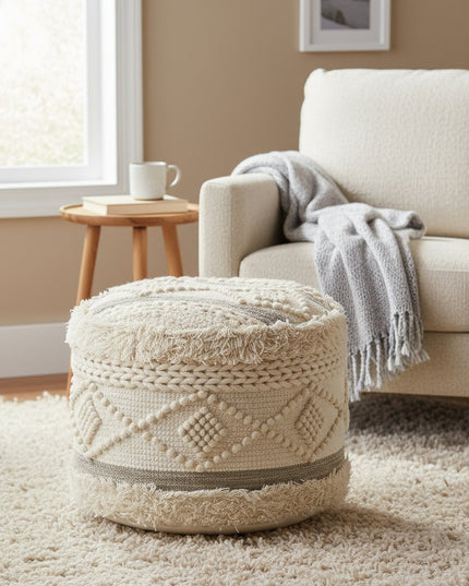 18" Cream Wool Cotton Blend Round Geometric Pouf Ottoman