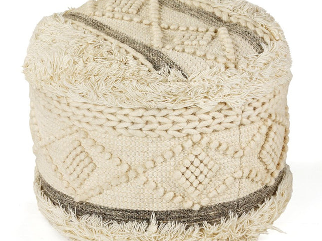 18" Cream Wool Cotton Blend Round Geometric Pouf Ottoman