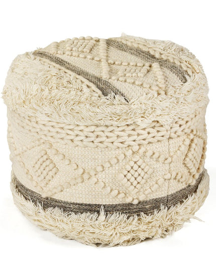 18" Cream Wool Cotton Blend Round Geometric Pouf Ottoman