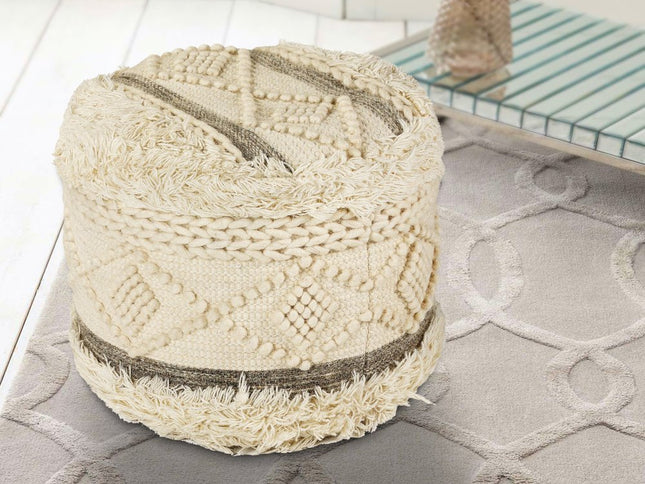 18" Cream Wool Cotton Blend Round Geometric Pouf Ottoman