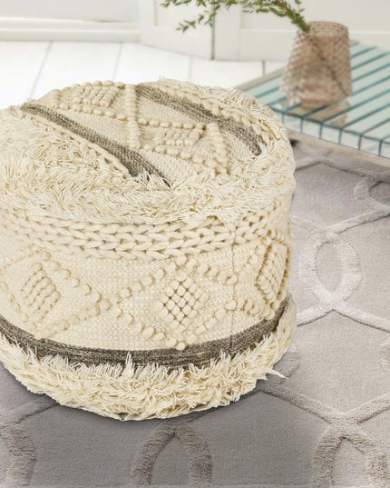 18" Cream Wool Cotton Blend Round Geometric Pouf Ottoman