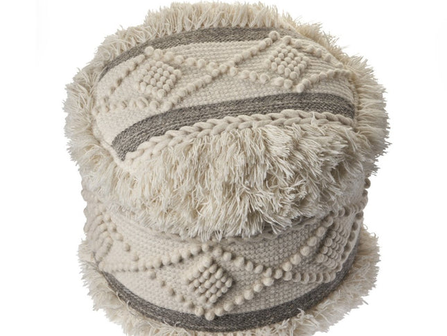 18" Cream Wool Cotton Blend Round Geometric Pouf Ottoman