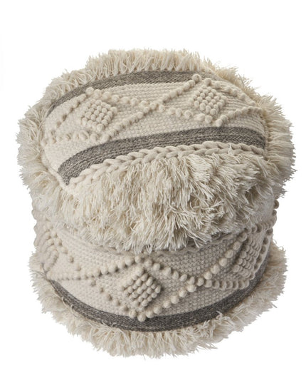 18" Cream Wool Cotton Blend Round Geometric Pouf Ottoman