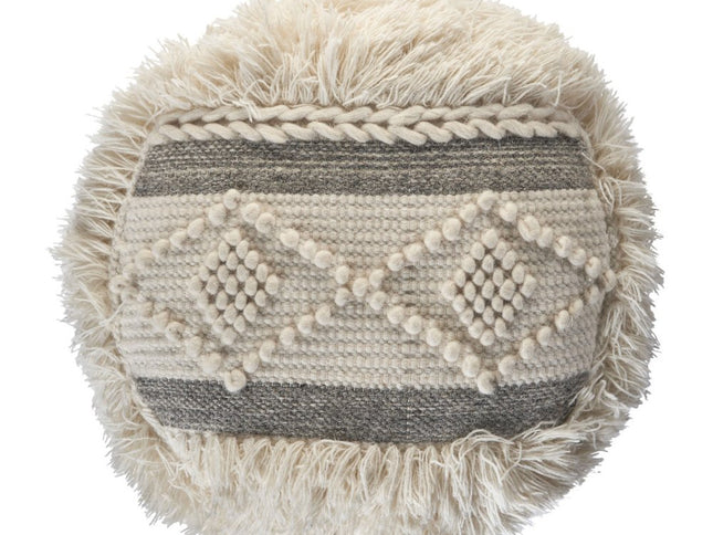18" Cream Wool Cotton Blend Round Geometric Pouf Ottoman