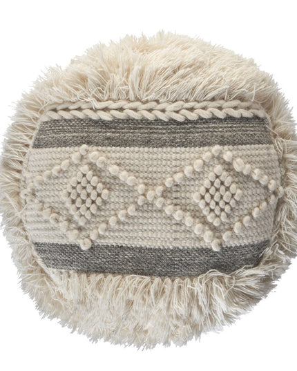 18" Cream Wool Cotton Blend Round Geometric Pouf Ottoman