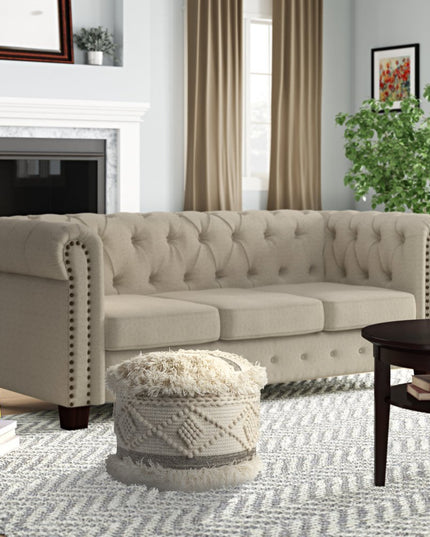 18" Cream Wool Cotton Blend Round Geometric Pouf Ottoman