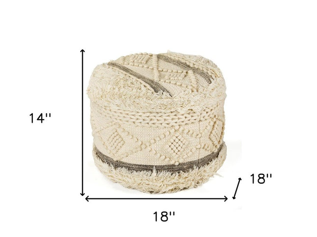 18" Cream Wool Cotton Blend Round Geometric Pouf Ottoman