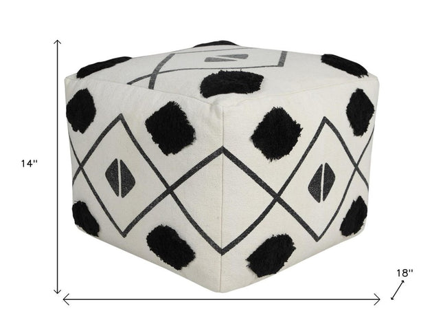 18" White Cotton Geometric Pouf Ottoman