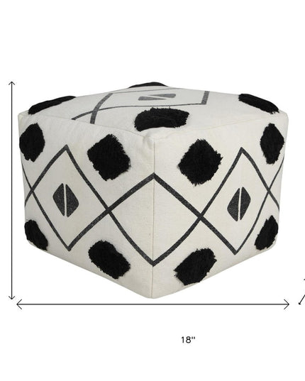 18" White Cotton Geometric Pouf Ottoman