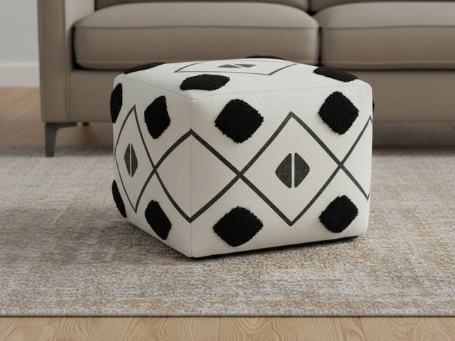 18" White Cotton Geometric Pouf Ottoman