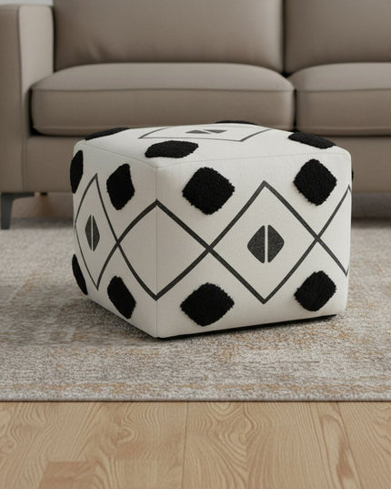 18" White Cotton Geometric Pouf Ottoman