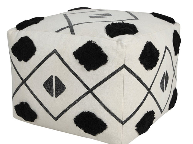 18" White Cotton Geometric Pouf Ottoman