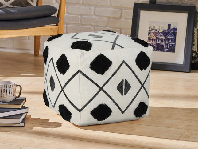 18" White Cotton Geometric Pouf Ottoman