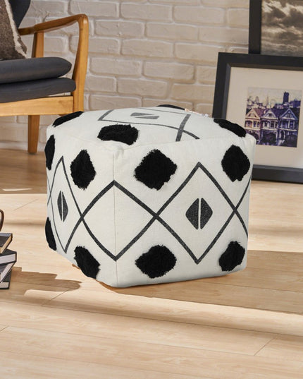 18" White Cotton Geometric Pouf Ottoman