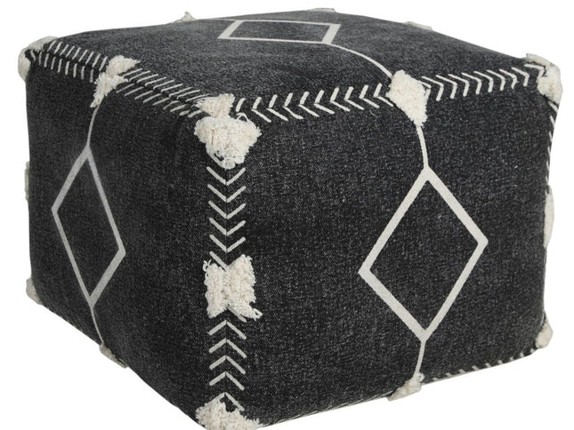18" Black Cotton Geometric Pouf Ottoman