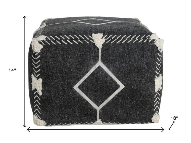 18" Black Cotton Geometric Pouf Ottoman