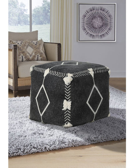 18" Black Cotton Geometric Pouf Ottoman