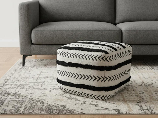 18" White Cotton Striped Pouf Ottoman