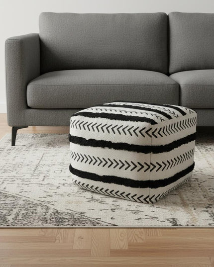 18" White Cotton Striped Pouf Ottoman