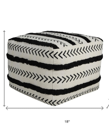 18" White Cotton Striped Pouf Ottoman