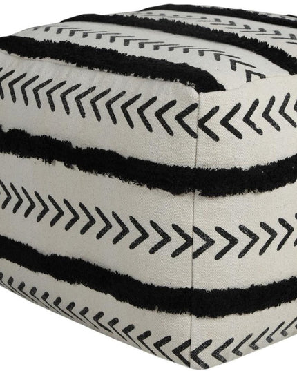 18" White Cotton Striped Pouf Ottoman