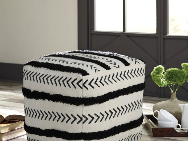 18" White Cotton Striped Pouf Ottoman