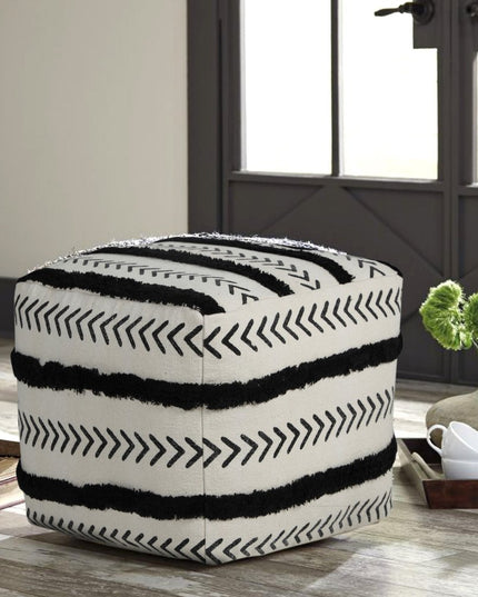18" White Cotton Striped Pouf Ottoman