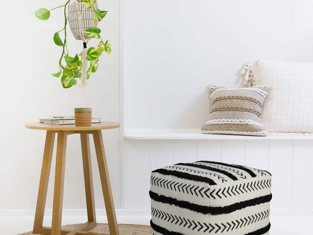 18" White Cotton Striped Pouf Ottoman