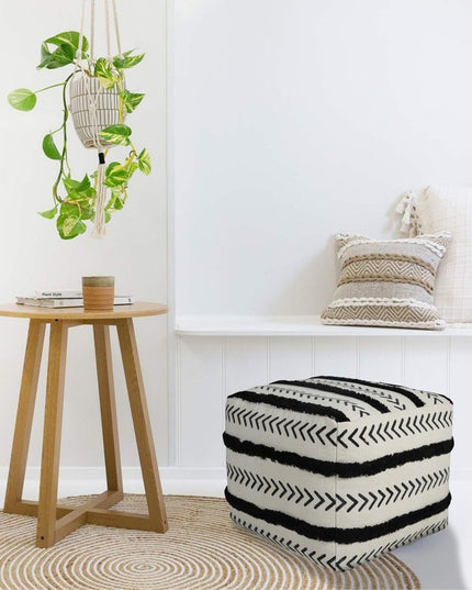 18" White Cotton Striped Pouf Ottoman