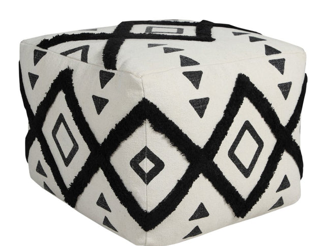 18" White Cotton Geometric Pouf Ottoman