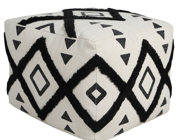 18" White Cotton Geometric Pouf Ottoman