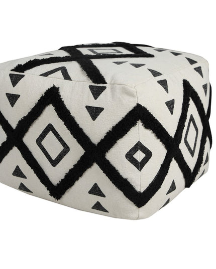 18" White Cotton Geometric Pouf Ottoman
