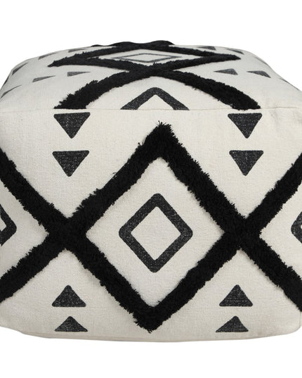 18" White Cotton Geometric Pouf Ottoman