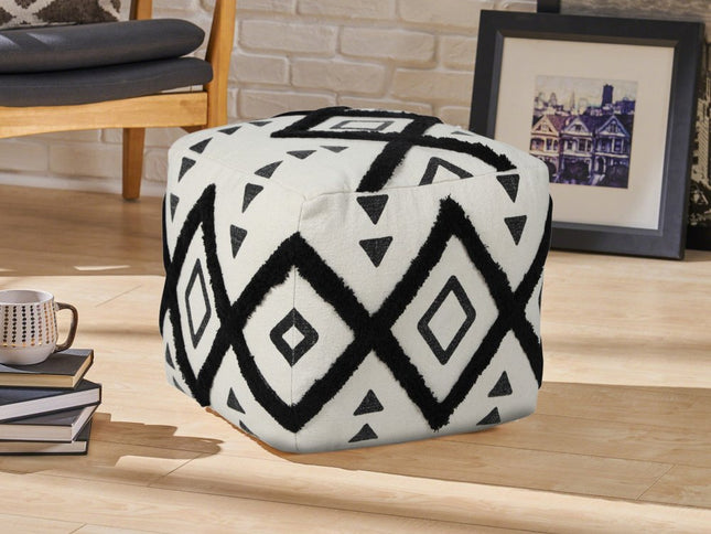 18" White Cotton Geometric Pouf Ottoman