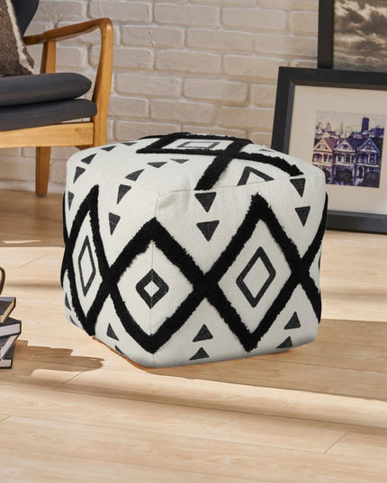 18" White Cotton Geometric Pouf Ottoman
