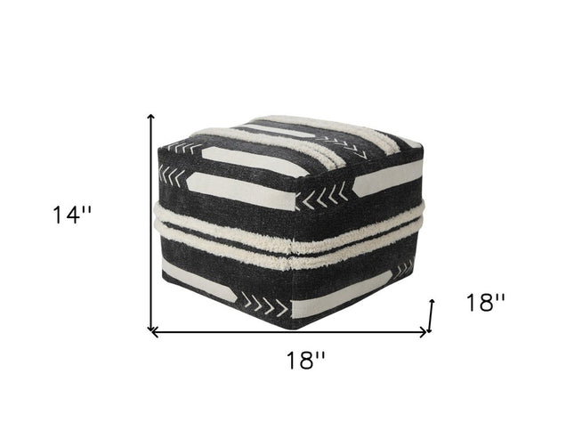 18" Black Cotton Geometric Pouf Ottoman