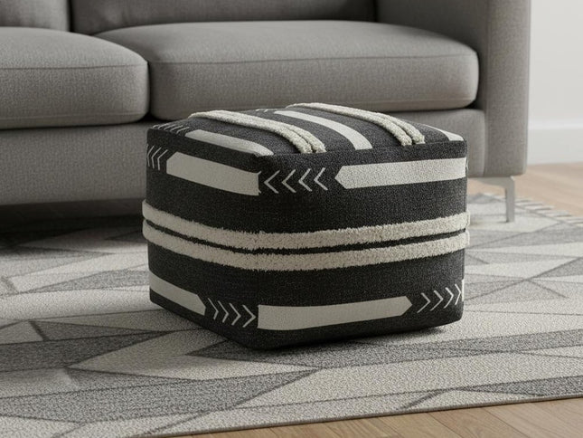 18" Black Cotton Geometric Pouf Ottoman