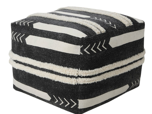 18" Black Cotton Geometric Pouf Ottoman
