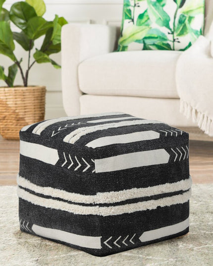 18" Black Cotton Geometric Pouf Ottoman