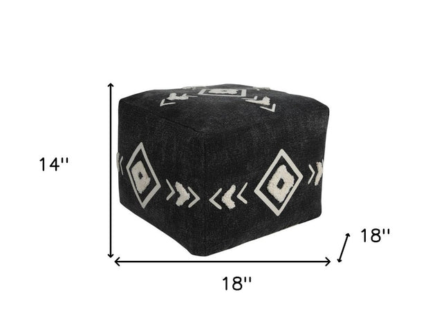 18" Black Cotton Geometric Pouf Ottoman
