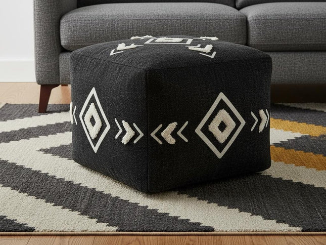18" Black Cotton Geometric Pouf Ottoman