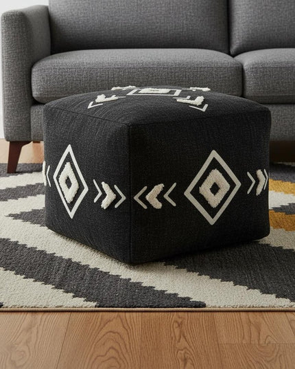 18" Black Cotton Geometric Pouf Ottoman