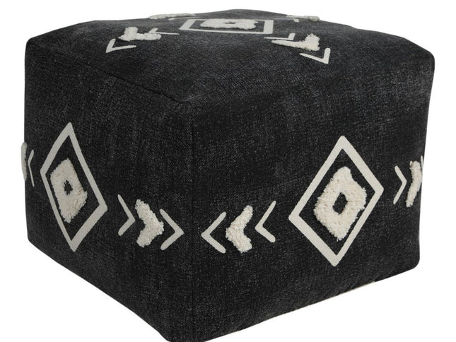 18" Black Cotton Geometric Pouf Ottoman
