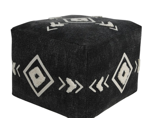18" Black Cotton Geometric Pouf Ottoman