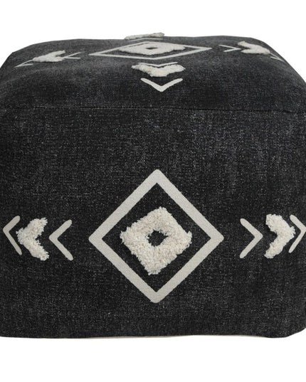18" Black Cotton Geometric Pouf Ottoman