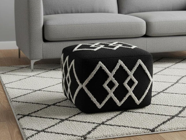 18" Black Cotton Geometric Pouf Ottoman