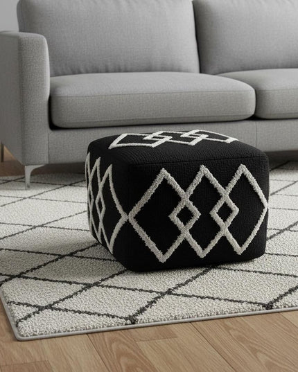 18" Black Cotton Geometric Pouf Ottoman