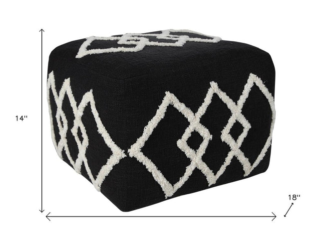 18" Black Cotton Geometric Pouf Ottoman