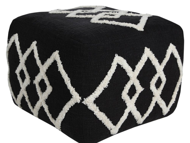 18" Black Cotton Geometric Pouf Ottoman